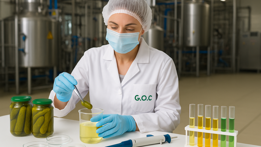 Nhân viên kiểm tra chất lượng thực phẩm đang lấy mẫu phân tích tại nhà máy G.O.C